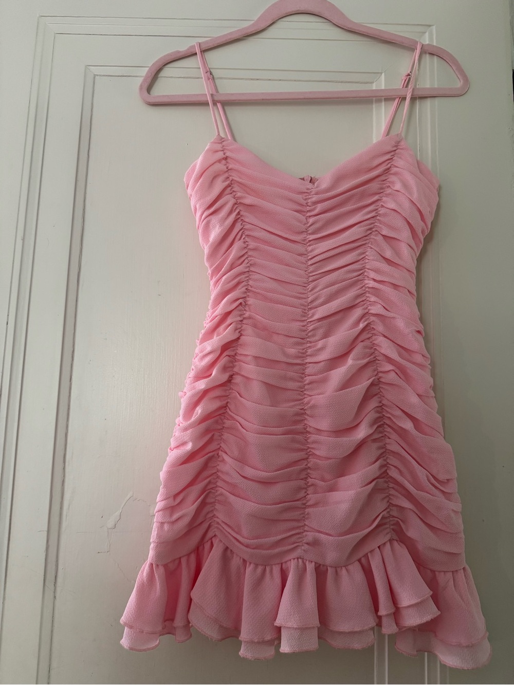 Lucy in the Sky Pink Ruched Ruffle Mini Dress